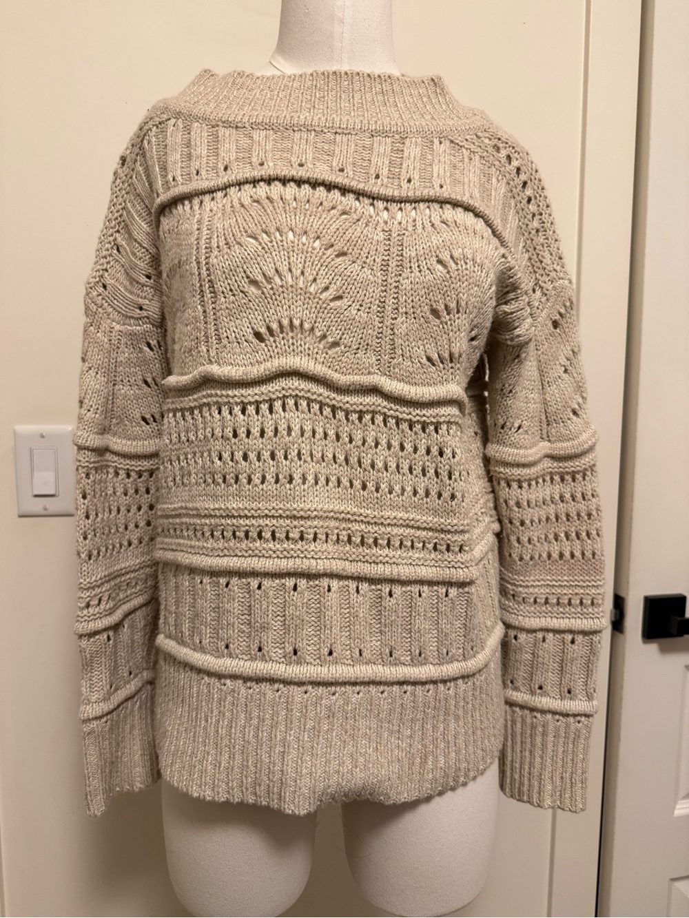 Club Monaco Cream Openwork Knit Crewneck Sweater